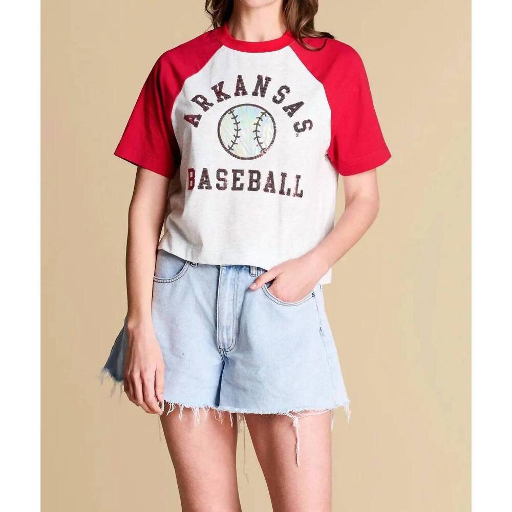 NEW STEWART SIMMONS dugout sequin short sleeve tee in red/white